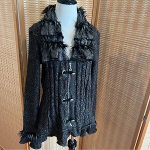 Y2K Elegant Black Women's sweater Jacket with Faux Fur Trim